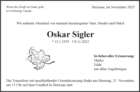 Traueranzeige von Oskar Sigler von Eßlinger Zeitung/Cannstatter Zeitung