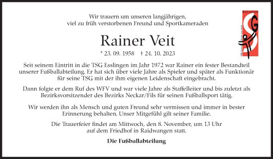 Traueranzeige von Rainer Veit von Eßlinger Zeitung/Cannstatter Zeitung