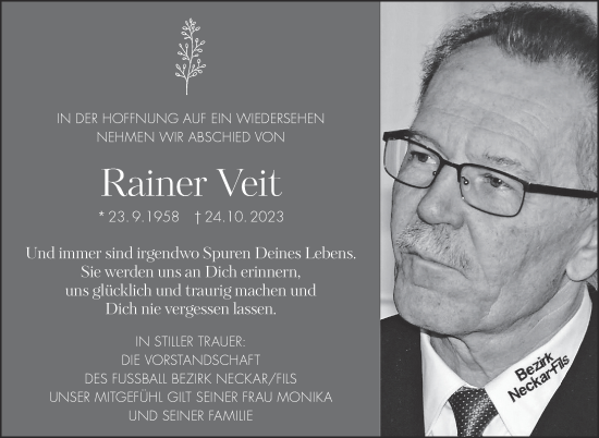 Traueranzeige von Rainer Veit von Eßlinger Zeitung/Cannstatter Zeitung