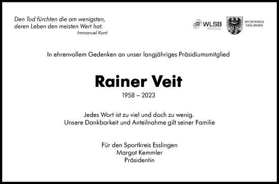 Traueranzeige von Rainer Veit von Eßlinger Zeitung/Cannstatter Zeitung