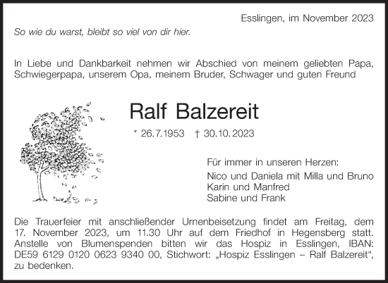 Traueranzeige von Ralf Balzereit von Eßlinger Zeitung/Cannstatter Zeitung