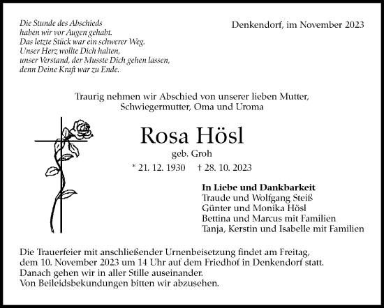 Traueranzeige von Rosa Hösl von Eßlinger Zeitung/Cannstatter Zeitung