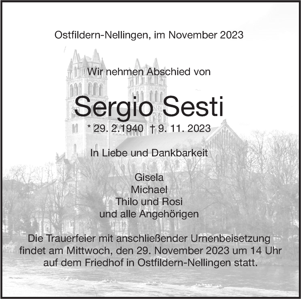  Traueranzeige für Sergio Sesti vom 25.11.2023 aus Eßlinger Zeitung/Cannstatter Zeitung