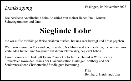 Traueranzeige von Sieglinde Lohr von Eßlinger Zeitung/Cannstatter Zeitung