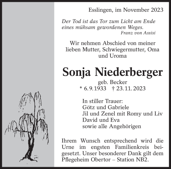 Traueranzeige von Sonja Niederberger von Eßlinger Zeitung/Cannstatter Zeitung