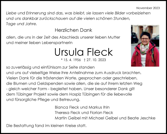 Traueranzeige von Ursula Fleck von Eßlinger Zeitung/Cannstatter Zeitung