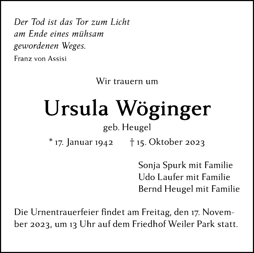  Traueranzeige für Ursula Wöginger vom 11.11.2023 aus Eßlinger Zeitung/Cannstatter Zeitung