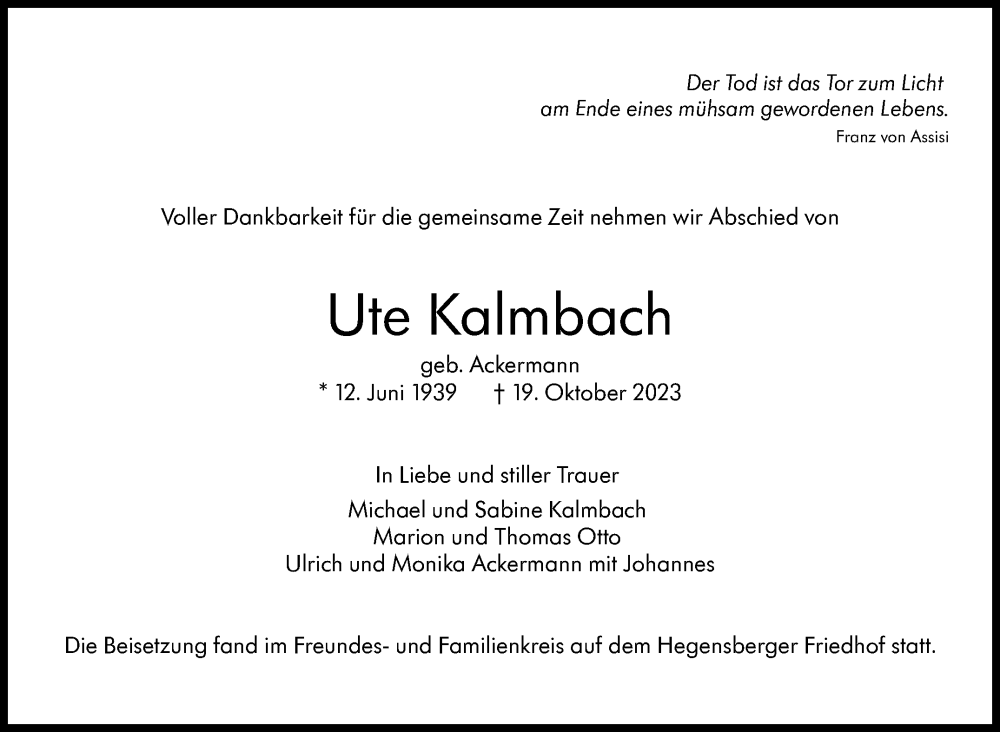  Traueranzeige für Ute Kalmbach vom 15.11.2023 aus Eßlinger Zeitung/Cannstatter Zeitung