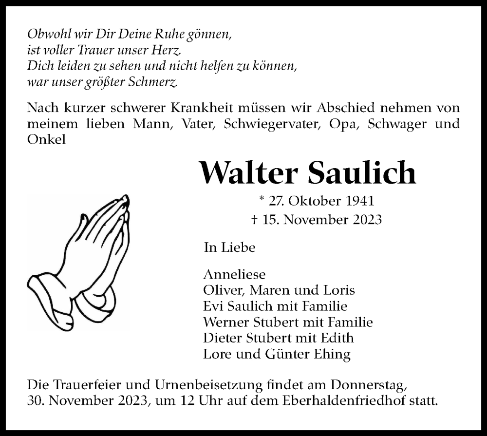  Traueranzeige für Walter Saulich vom 23.11.2023 aus Eßlinger Zeitung/Cannstatter Zeitung