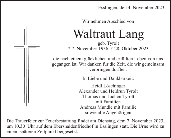 Traueranzeige von Waltraut Lang von Eßlinger Zeitung/Cannstatter Zeitung