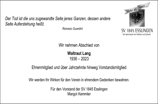Traueranzeige von Waltraut Lang von Eßlinger Zeitung/Cannstatter Zeitung
