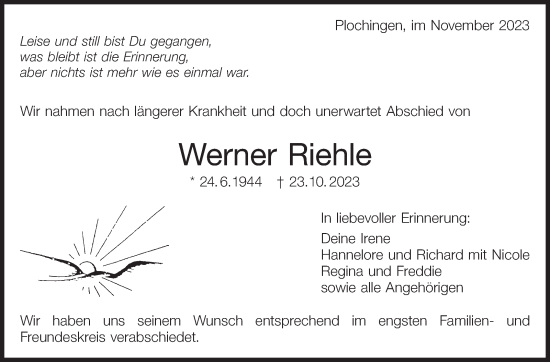 Traueranzeige von Werner Riehle von Eßlinger Zeitung/Cannstatter Zeitung