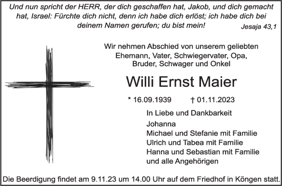 Traueranzeige von Willi Ernst Maier von Eßlinger Zeitung/Cannstatter Zeitung