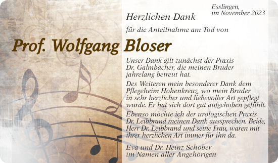 Traueranzeige von Wolfgang Bloser von Eßlinger Zeitung/Cannstatter Zeitung