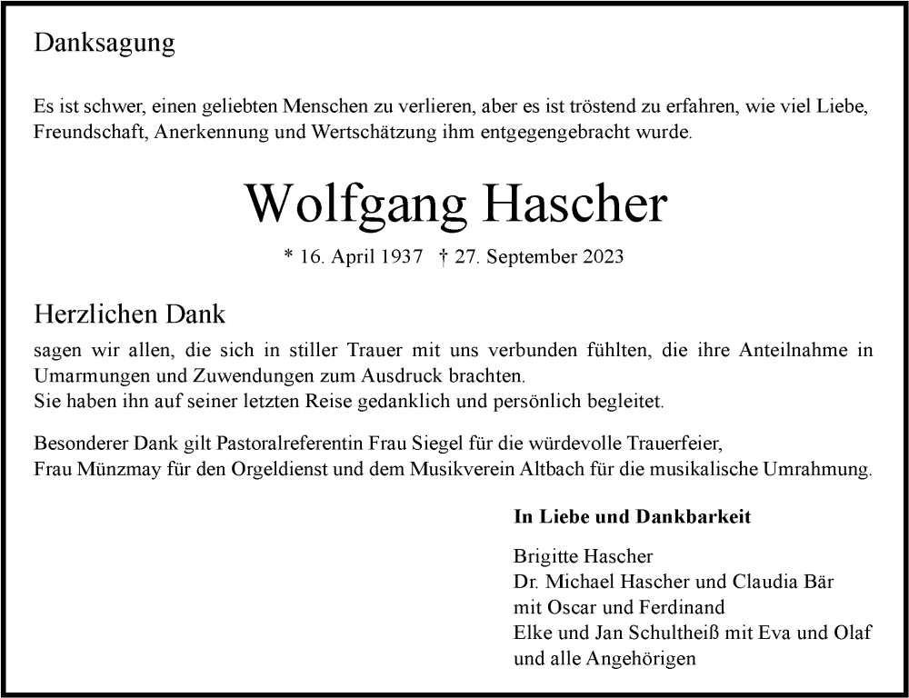  Traueranzeige für Wolfgang Hascher vom 11.11.2023 aus Eßlinger Zeitung/Cannstatter Zeitung