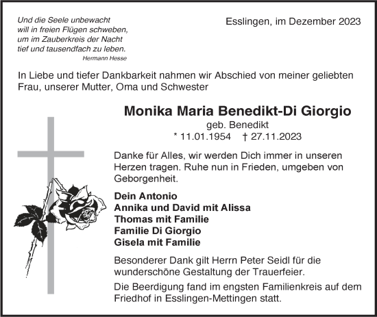 Traueranzeige von Monika Maria Benedikt-Di Giorgio von ESSLINGER ZEITUNG/CANNSTATTER ZEITUN