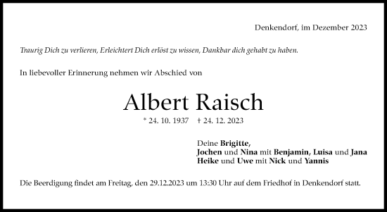 Traueranzeige von Albert Raisch von Eßlinger Zeitung/Cannstatter Zeitung