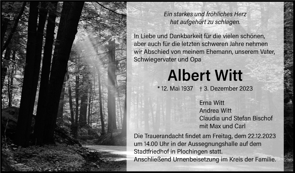  Traueranzeige für Albert Witt vom 16.12.2023 aus Eßlinger Zeitung/Cannstatter Zeitung