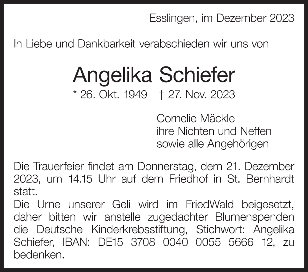  Traueranzeige für Angelika Schiefer vom 09.12.2023 aus Eßlinger Zeitung/Cannstatter Zeitung
