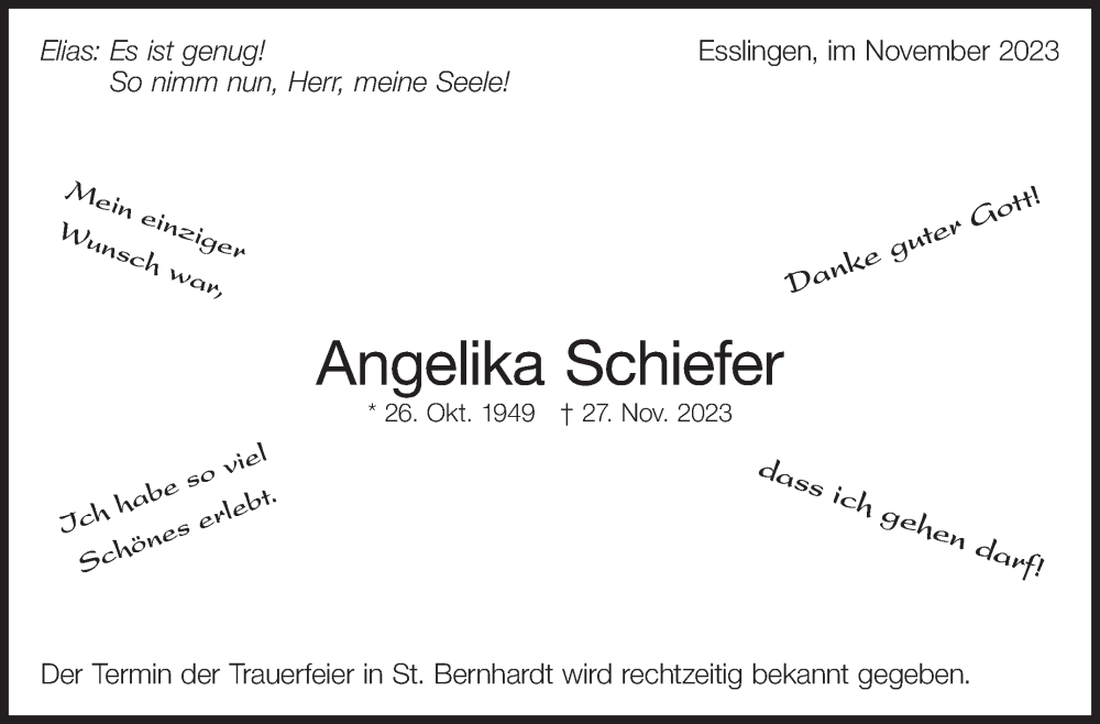  Traueranzeige für Angelika Schiefer vom 30.11.2023 aus Eßlinger Zeitung/Cannstatter Zeitung