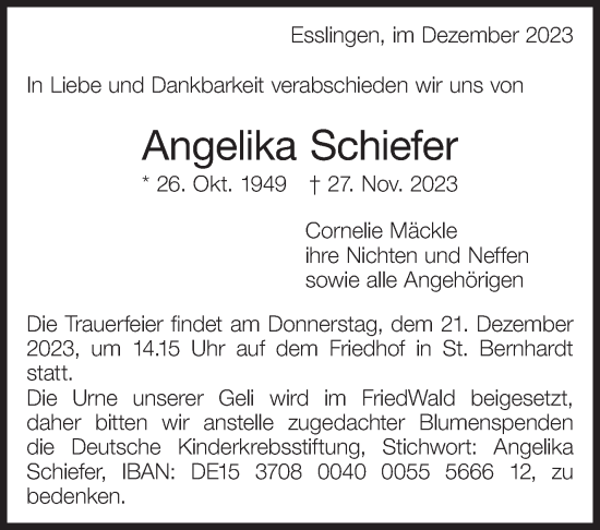 Traueranzeige von Angelika Schiefer von Eßlinger Zeitung/Cannstatter Zeitung