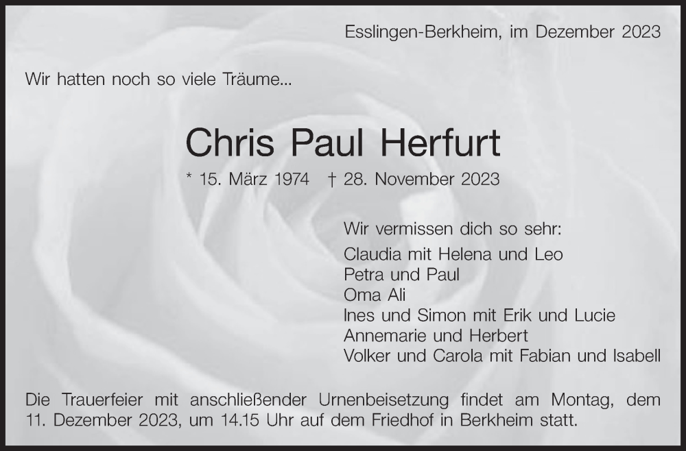  Traueranzeige für Chris  Herfurt vom 02.12.2023 aus Eßlinger Zeitung/Cannstatter Zeitung