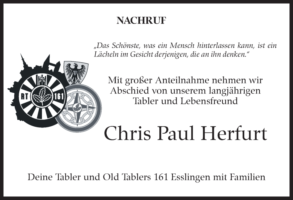 Traueranzeige für Chris Paul Herfurt vom 22.12.2023 aus Eßlinger Zeitung/Cannstatter Zeitung