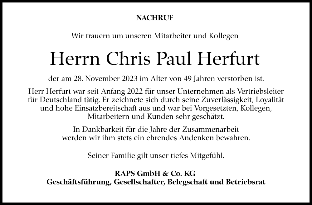  Traueranzeige für Chris Paul Herfurt vom 05.12.2023 aus Eßlinger Zeitung/Cannstatter Zeitung