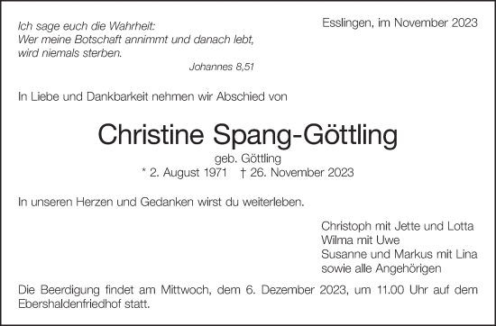 Traueranzeige von Christine Spang-Göttling von Eßlinger Zeitung/Cannstatter Zeitung