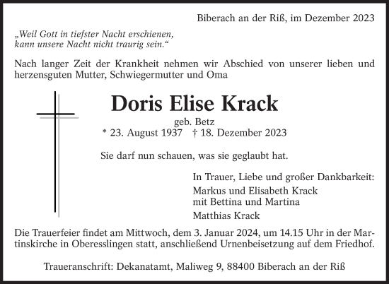Traueranzeige von Doris Elise Krack von Eßlinger Zeitung/Cannstatter Zeitung