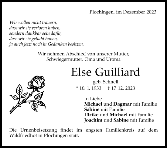 Traueranzeige von Else Guilliard von Eßlinger Zeitung/Cannstatter Zeitung