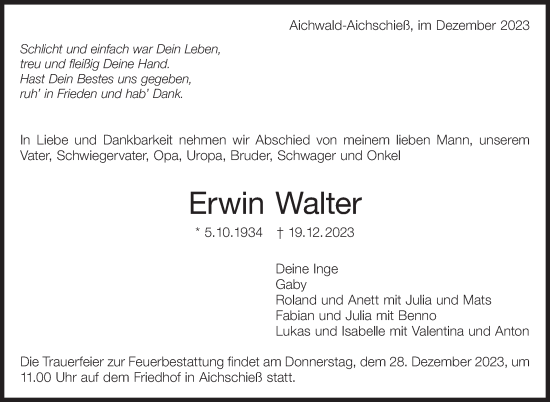 Traueranzeige von Erwin Walter von Eßlinger Zeitung/Cannstatter Zeitung