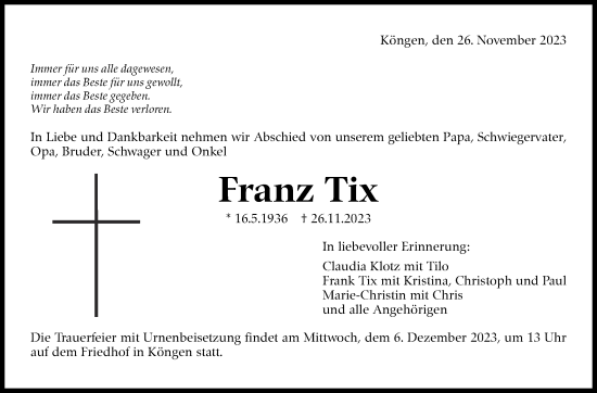 Traueranzeige von Franz Tix von Eßlinger Zeitung/Cannstatter Zeitung