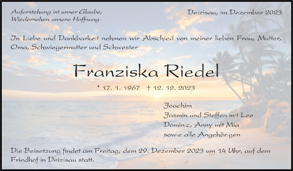  Traueranzeige für Franziska Riedel vom 23.12.2023 aus Eßlinger Zeitung/Cannstatter Zeitung