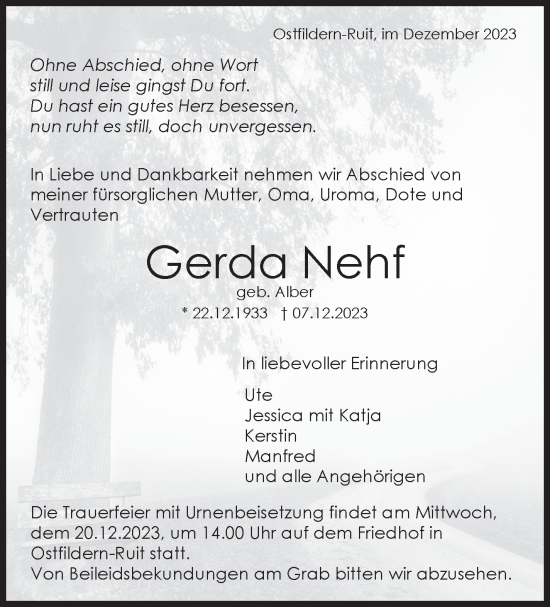 Traueranzeige von Gerda Nehf von Eßlinger Zeitung/Cannstatter Zeitung