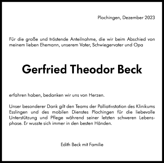 Traueranzeige von Gerfried Theodor Beck von Eßlinger Zeitung/Cannstatter Zeitung