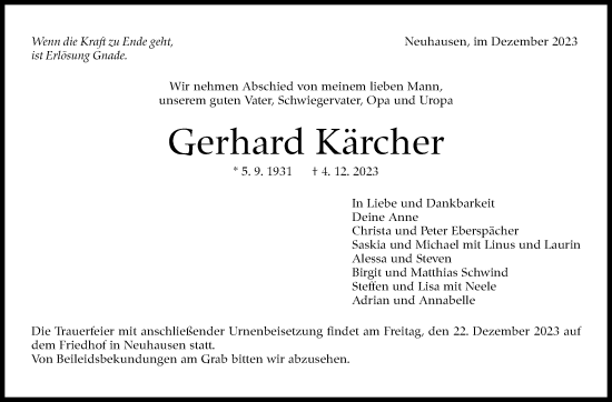 Traueranzeige von Gerhard Kärcher von Eßlinger Zeitung/Cannstatter Zeitung