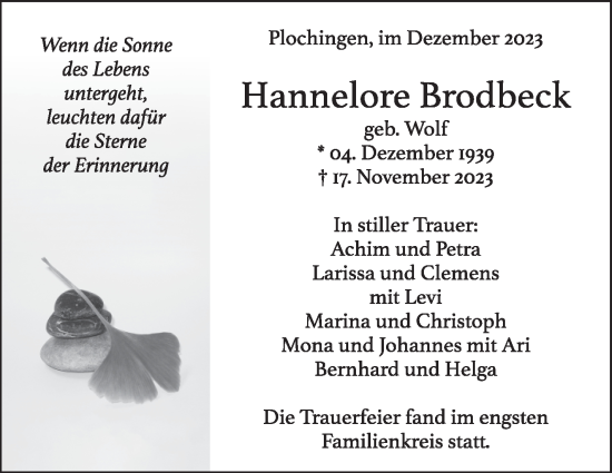Traueranzeige von Hannelore Brodbeck von Eßlinger Zeitung/Cannstatter Zeitung