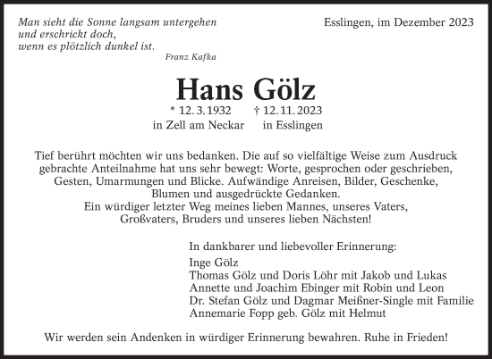Traueranzeige von Hans Gölz von Eßlinger Zeitung/Cannstatter Zeitung