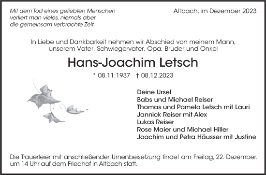 Traueranzeige von Hans-Joachim Letsch von Eßlinger Zeitung/Cannstatter Zeitung