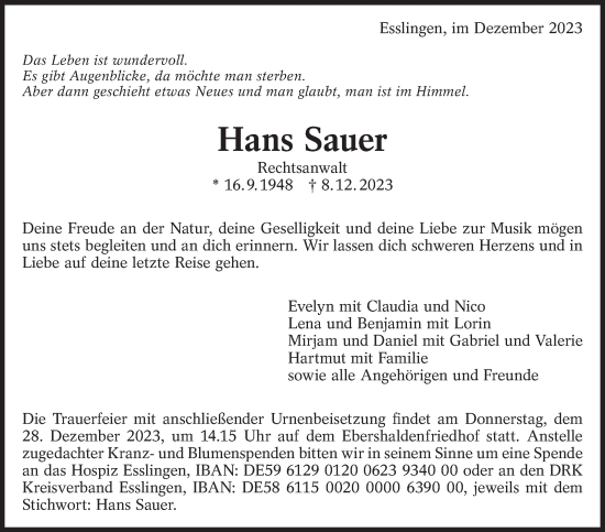 Traueranzeige von Hans Sauer von Eßlinger Zeitung/Cannstatter Zeitung