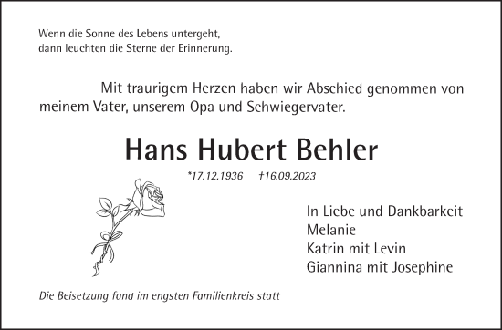 Traueranzeige von Hans Hubert Behler von Eßlinger Zeitung/Cannstatter Zeitung