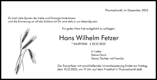 Traueranzeige von Hans Wilhelm Fetzer von Eßlinger Zeitung/Cannstatter Zeitung