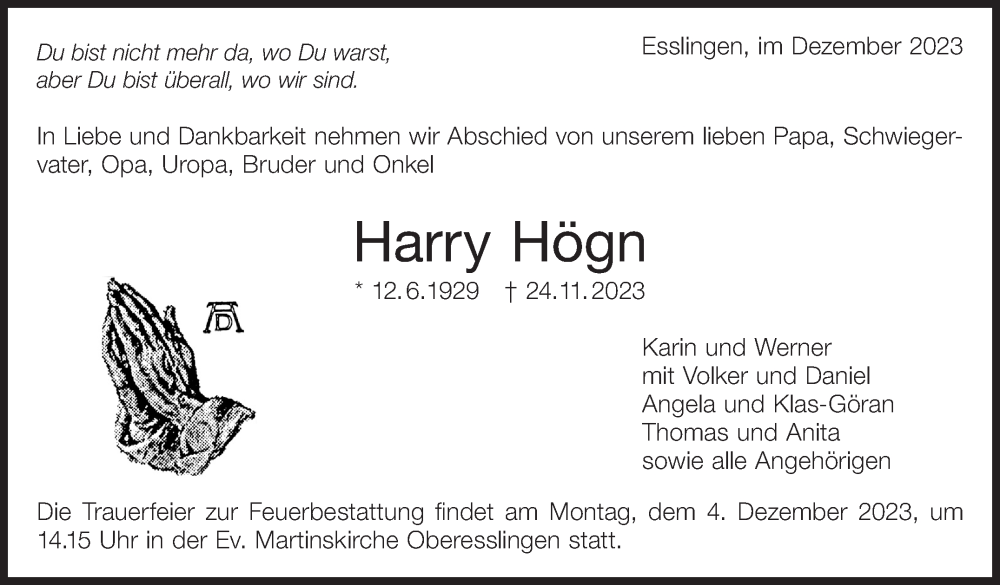  Traueranzeige für Harry Högn vom 02.12.2023 aus Eßlinger Zeitung/Cannstatter Zeitung