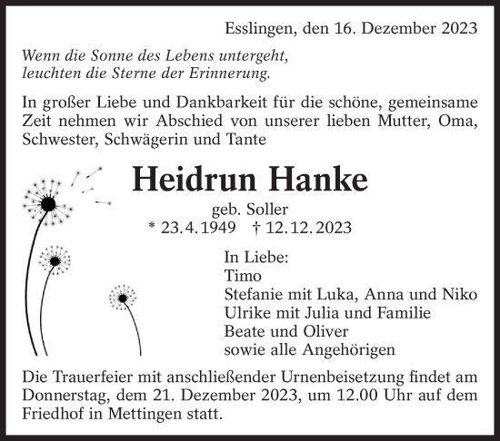 Traueranzeige von Heidrun Hanke von Eßlinger Zeitung/Cannstatter Zeitung