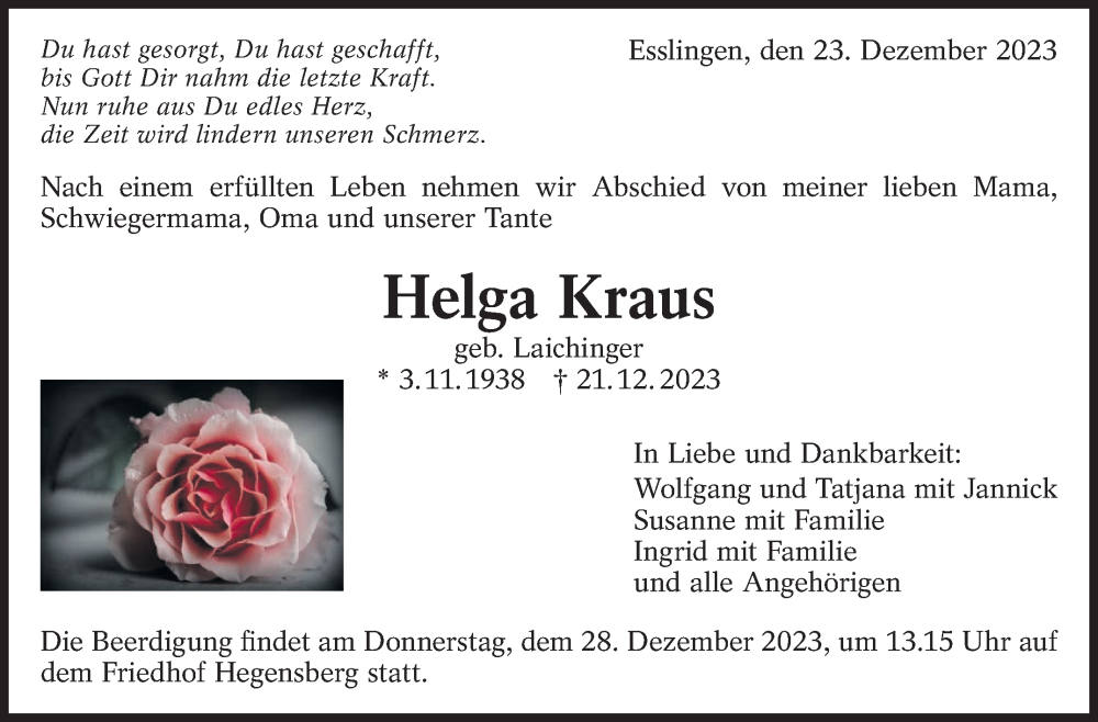  Traueranzeige für Helga Kraus vom 23.12.2023 aus Eßlinger Zeitung/Cannstatter Zeitung
