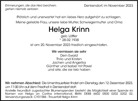 Traueranzeige von Helga Krinn von Eßlinger Zeitung/Cannstatter Zeitung