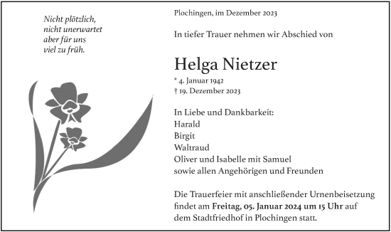 Traueranzeige von Helga Nietzer von Eßlinger Zeitung/Cannstatter Zeitung