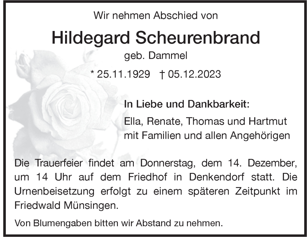  Traueranzeige für Hildegard Scheurenbrand vom 12.12.2023 aus Eßlinger Zeitung/Cannstatter Zeitung