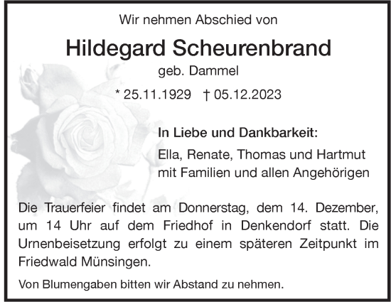 Traueranzeige von Hildegard Scheurenbrand von Eßlinger Zeitung/Cannstatter Zeitung